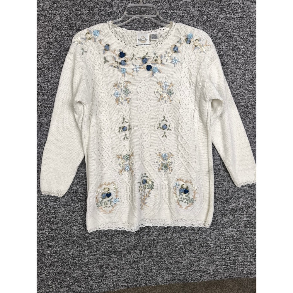 Vintage JR Bentley Floral Embroidered‎ Cable Knit Sweater White Cottagecore M
